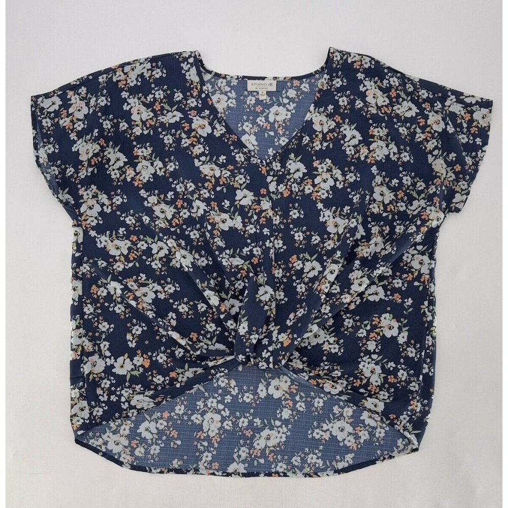 Studio B‎ by Bobeau Women’s Relaxed Navy Blue Floral Knotted Front Blouse M Boho